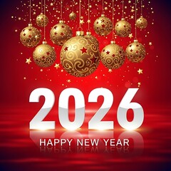 2026 Happy New Year Festive Background with Golden Baubles
