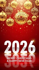 2026 New Year and Christmas Vertical Red Background with Gold Baubles
