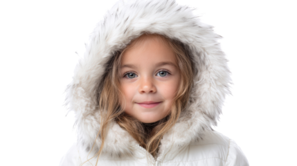 Child with a joyful expression wearing a fluffy winter coat, light background.