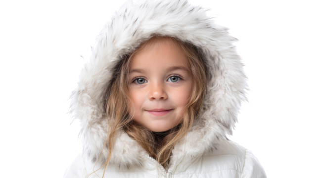 Child with a joyful expression wearing a fluffy winter coat, light background.