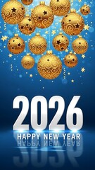 Happy New Year 2026 Celebration with Golden Baubles on Blue
