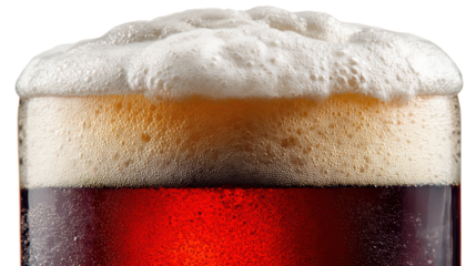 Close-up of a frothy beer in a glass with a rich amber color, isolated on a white background.