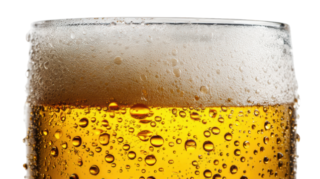 Close-up of a cold beer glass filled with refreshing golden liquid and bubbles, isolated on white background. - Powered by Adobe