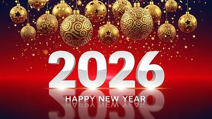 Happy New Year 2026 Celebration with Golden Ornaments and Confetti