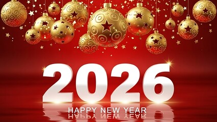 Happy New Year 2026 with Golden Baubles on Red Background