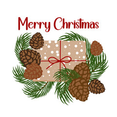 Christmas decorations and Text. Merry Christmas. Holiday print, banner, poster. Vector illustration.