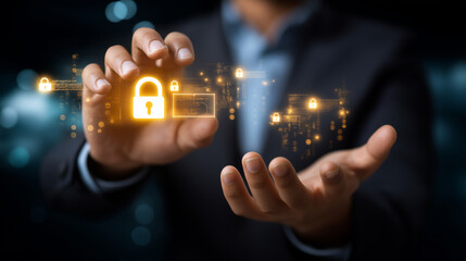 Cybersecurity solutions visualization, defocused data protection elements, security concept, guaranteed safety technology, information defense system, digital protection service, w