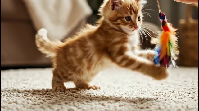 Playful orange tabby kitten pouncing on a colorful feather toy held by a human hand indoors, 4k video