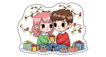 Cute young couple exchanging gifts with Christmas decorations around  