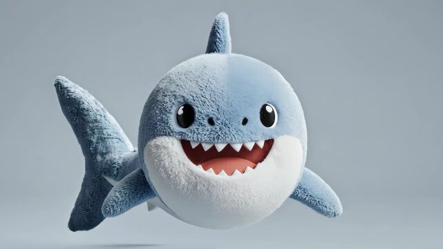 Cute plush toy of a smiling blue shark with sharp teeth and big eyes