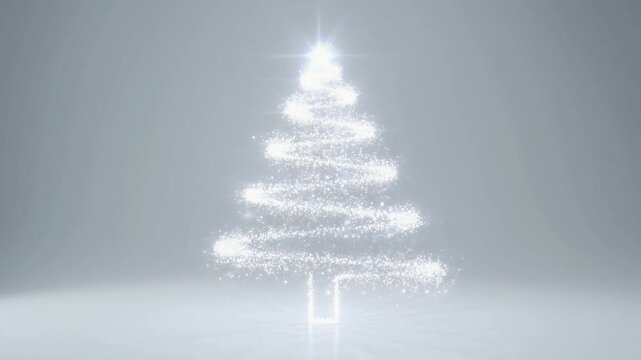 Particles swirling and assembling into a stylized pine tree with subtle glow on a clean white background, magical minimal smooth formation animation loop

