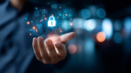 Faceless hand holding digital security icons, defocused protection elements, data safety concept, cybersecurity technology visualization, information defense system, network protec