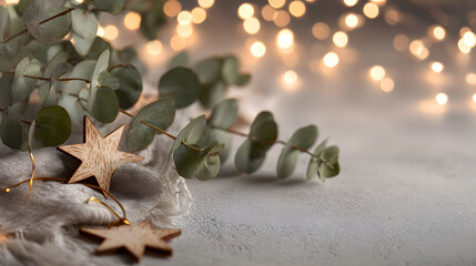 Soft neutral Christmas background with eucalyptus, wooden stars and warm gentle lighting, copy-friendly center 