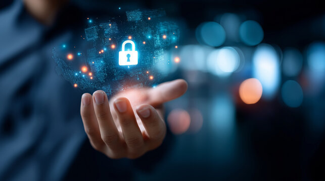Faceless hand holding digital security icons, defocused protection elements, data safety concept, cybersecurity technology visualization, information defense system, network protec