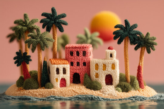 small island oasis, quaint house surrounded by swaying palm trees, soft pink and gray hues, tranquil atmosphere, - Powered by Adobe