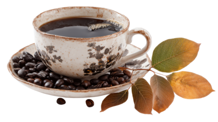 Coffee cup with beans and autumn leaves, inviting warm beverage, cozy atmosphere.