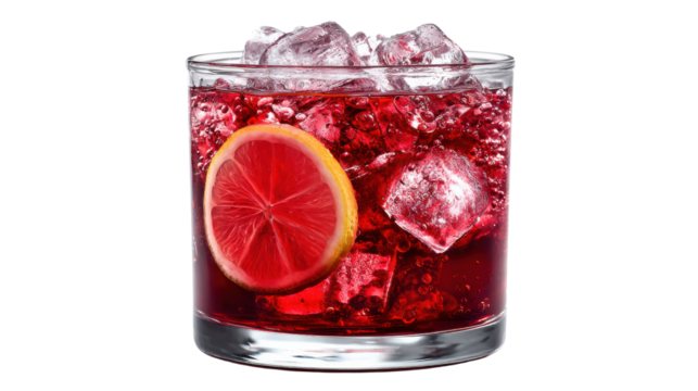 Cocktail with ice and lemon slice, vibrant red drink in a glass on a white isolated background.