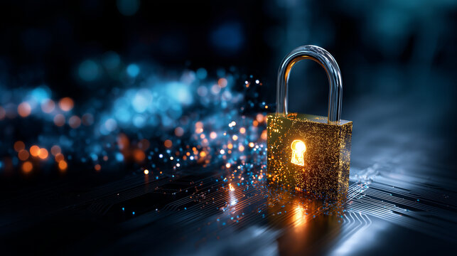 Cyber security lock and shield display, defocused digital protection elements, internet data privacy concept, network safety technology, information defense system, online security