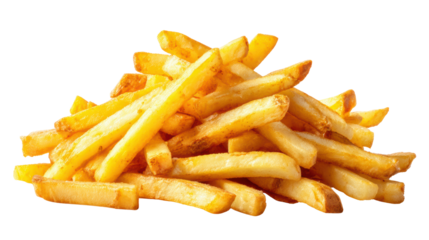 Crispy golden French fries piled high on a white isolated background.