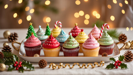 Christmas cupcakes with colorful frosting shaped like holiday trees and candy canes, decorated with stars and sprinkles on festive background.
