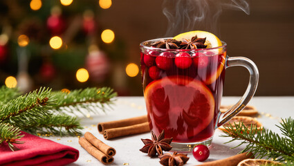 Christmas mulled wine in a glass mug with orange slices, cranberries, cinnamon sticks and star anise. Hot festive drink with steam and holiday decor.
