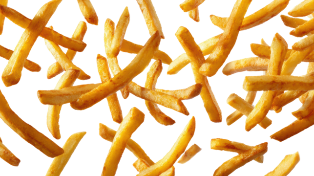 Crispy golden French fries scattered on a white background.