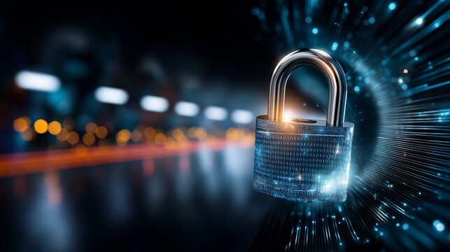 Digital padlock in futuristic tunnel, defocused circuit lines, cybersecurity concept, data protection technology, binary code background, network security visualization, encryption