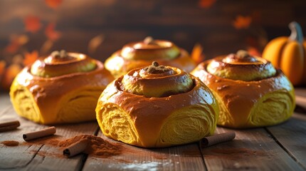 Freshly baked Pumpkin buns bread with warm spices, including cinnamon and nutmeg, scattered on top, on a rustic brown wooden background
