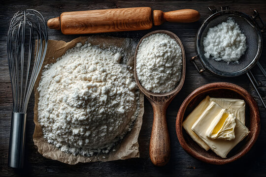 Baking Ingredients Flat Lay with Flour, Butter, and Kitchen Tools for Rustic Cooking