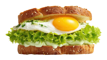 Delicious sandwich with fresh lettuce, creamy dressing, and sunny-side-up egg on whole grain bread.