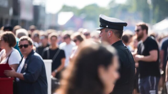 Police officer monitoring crowd safety at outdoor summer event in daytime, public security and law enforcement presence for festival management and community protection