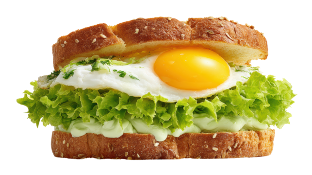 Delicious sandwich with fresh lettuce, creamy dressing, and sunny-side-up egg on whole grain bread.