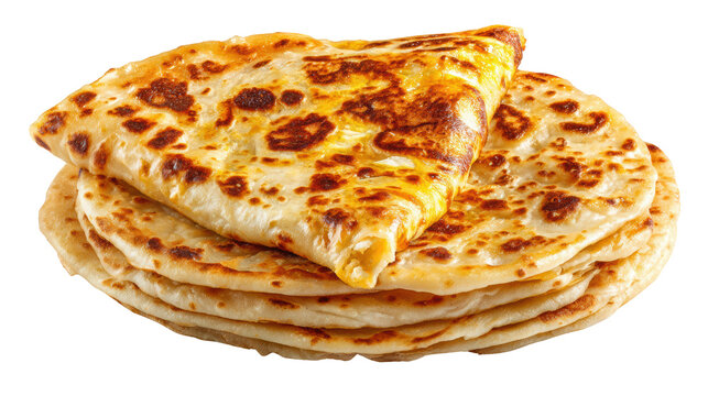 Delicious stack of Indian paratha bread on a white isolated background.