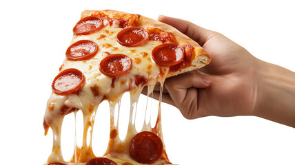 Enjoy a slice of delicious pepperoni pizza with melting cheese, held in hand, perfect for food blogs, restaurant menus, and mouthwatering food ads