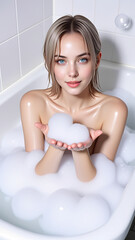 A woman is in a bathtub holding a white heart shaped bubble