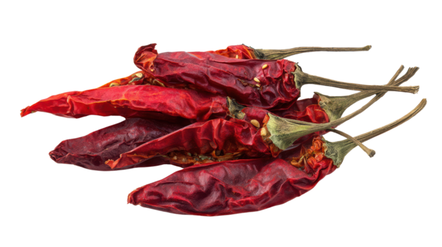 Dried red chilies, vibrant and flavorful, perfect for adding spice to dishes, displayed against a white background.