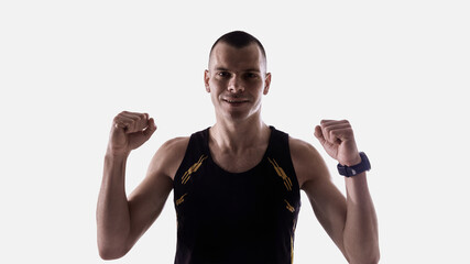 Runner celebrating training achievement. Concept of motivation platforms, progress-tracking apps, coaching presentations, and sports program marketing.