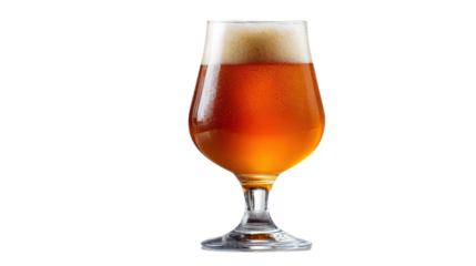 Elegant glass of amber beer with a frothy top, isolated on a white background.