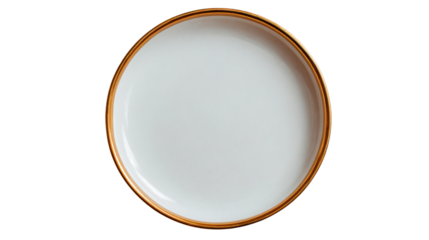 Elegant round plate with a clean white surface and a simple golden rim, isolated on a white background.