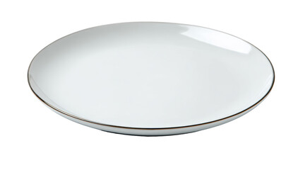 Elegant white plate with a subtle gold rim on a transparent background.