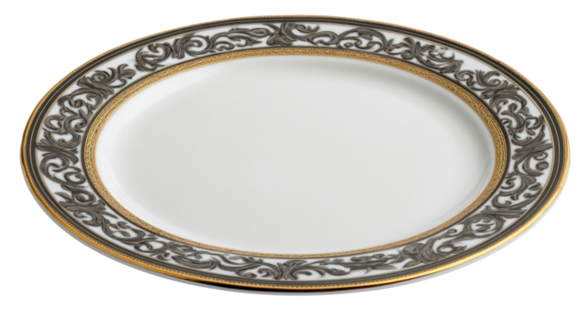 Elegant porcelain platter with intricate gold detailing, isolated on a white background.