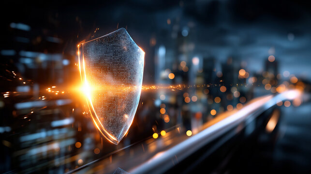 Futuristic digital cityscape with glowing security shield, defocused urban lights, advanced cybersecurity concept, data protection technology, network defense visualization, tech i