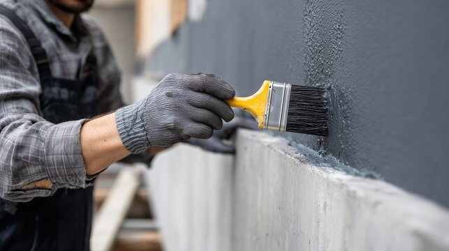 Worker applying concrete coating with sealant to basement wall for waterproofing and surface protection.