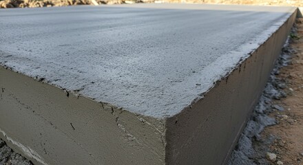 Freshly poured and leveled concrete foundation, showing a smooth and wet surface.Concept of civil engineering and concrete construction.