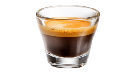Espresso shot in a clear glass cup showcasing rich color and crema, perfect for coffee enthusiasts.