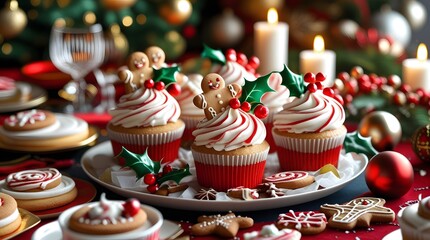 Intricately decorated Christmas cupcakes with swirly white and red frosting, topped with small gingerbread cookies, holly sprigs, and red berries