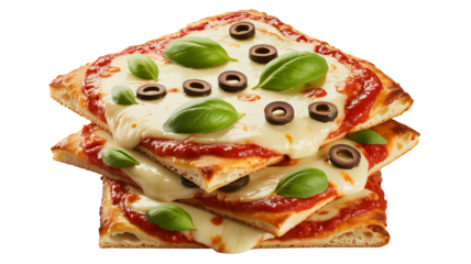 Delicious square pizza slices stacked high, topped with fresh basil, olives, and melted mozzarella, perfect for a quick lunch or casual dinner party
