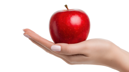 Fresh, vibrant red apple held in a human hand with a clean, white background for emphasis.