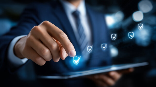 Faceless businessman using digital interface with checklist, defocused security icons overlay, data protection concept, secure access technology, identity verification system, cybe