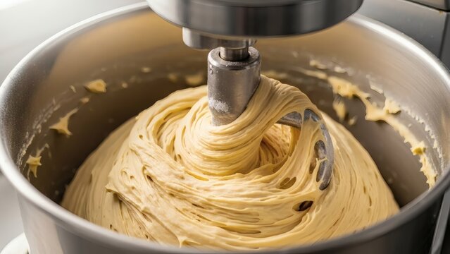 Dough dreams Stand mixer kneading golden dough with closeup.